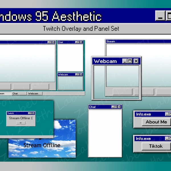 Paquete de inicio de superposiciones retro para Twitch en Windows 95: superposiciones animadas, paneles y bordes de cámara web