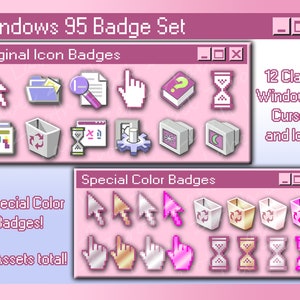 Puede incluir: Una ilustración digital de un conjunto de insignias de Windows 95 con 12 cursores e iconos clásicos, 4 insignias de color especiales e insignias de iconos originales. La imagen está en un esquema de color rosa y blanco.