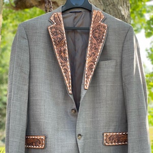 As seen in COWgirl Magazine Custom Hand Tooled Leather Lapels for Sportscoat Blazer image 1