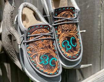 Western Sheridan Floral with Initials Custom Leather Hey Dude’s Shoes
