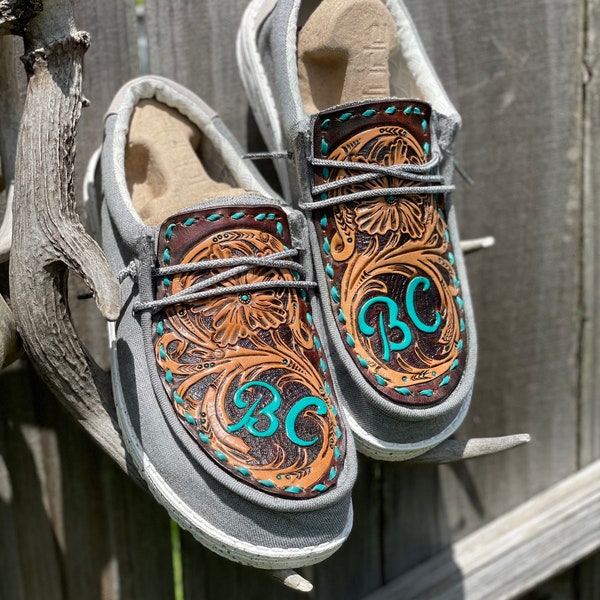 Sheridan Floral with Initials Custom Leather Hey Dude’s Shoes