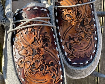 Handtooled Handmade Oak Leaf Acorn Western Hey Dudes