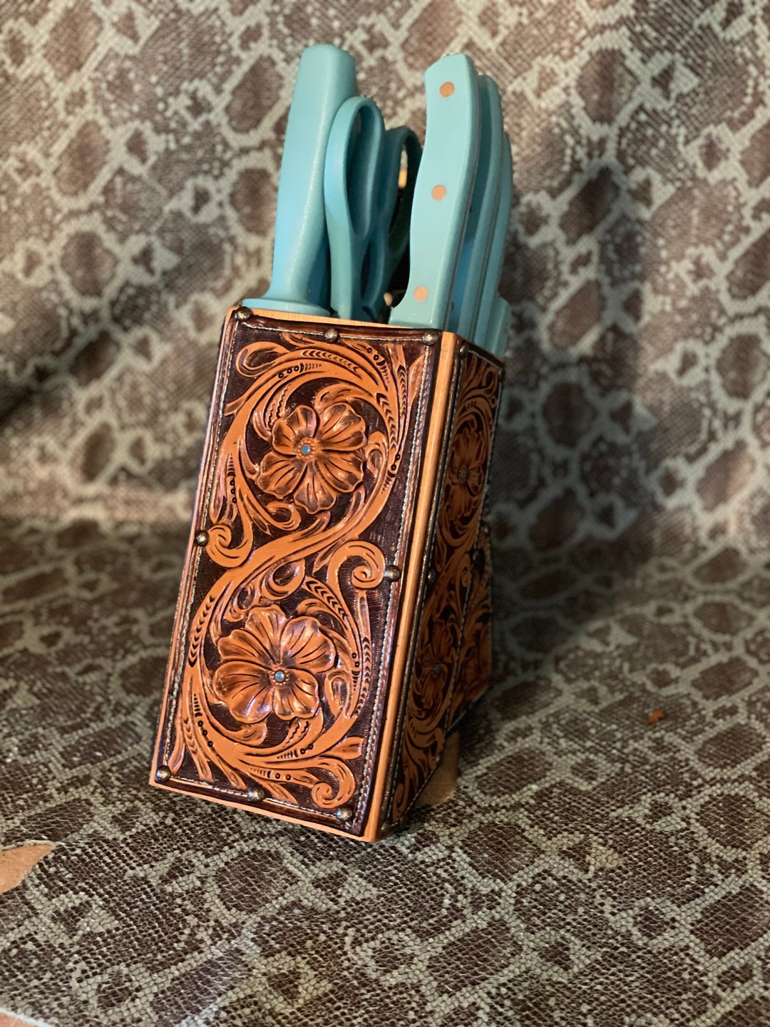 Sheridan Floral Hand Tooled Leather Knife Block Etsy