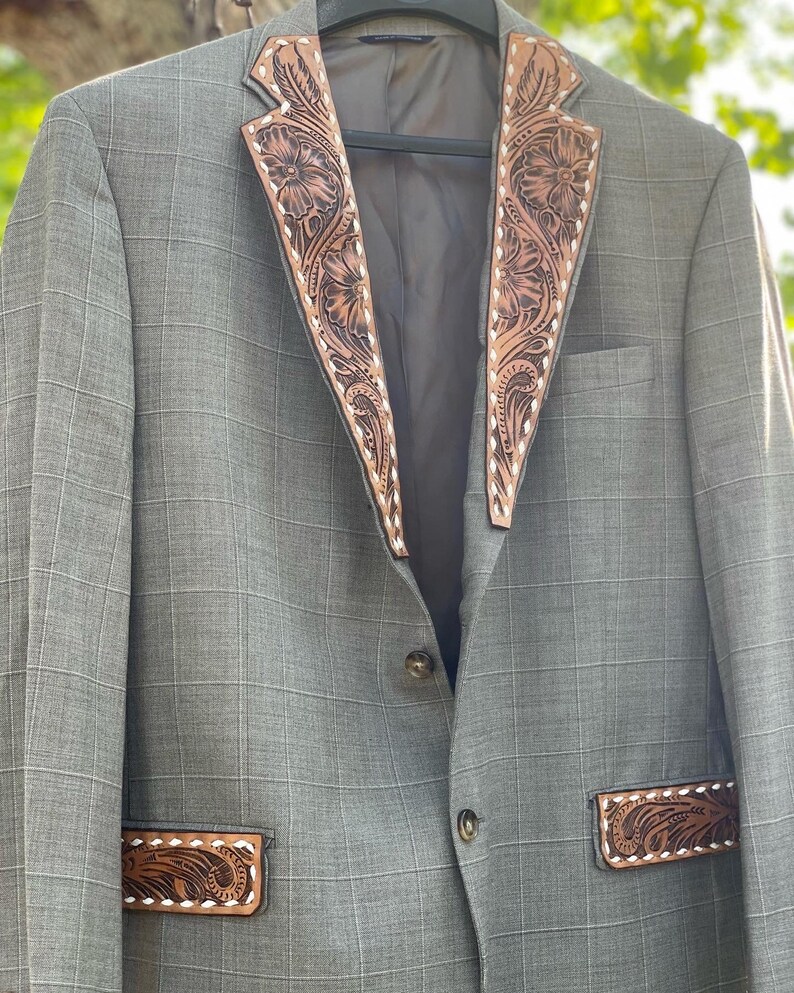 As seen in COWgirl Magazine Custom Hand Tooled Leather Lapels for Sportscoat Blazer image 4