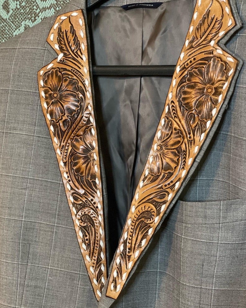 As seen in COWgirl Magazine Custom Hand Tooled Leather Lapels for Sportscoat Blazer image 3