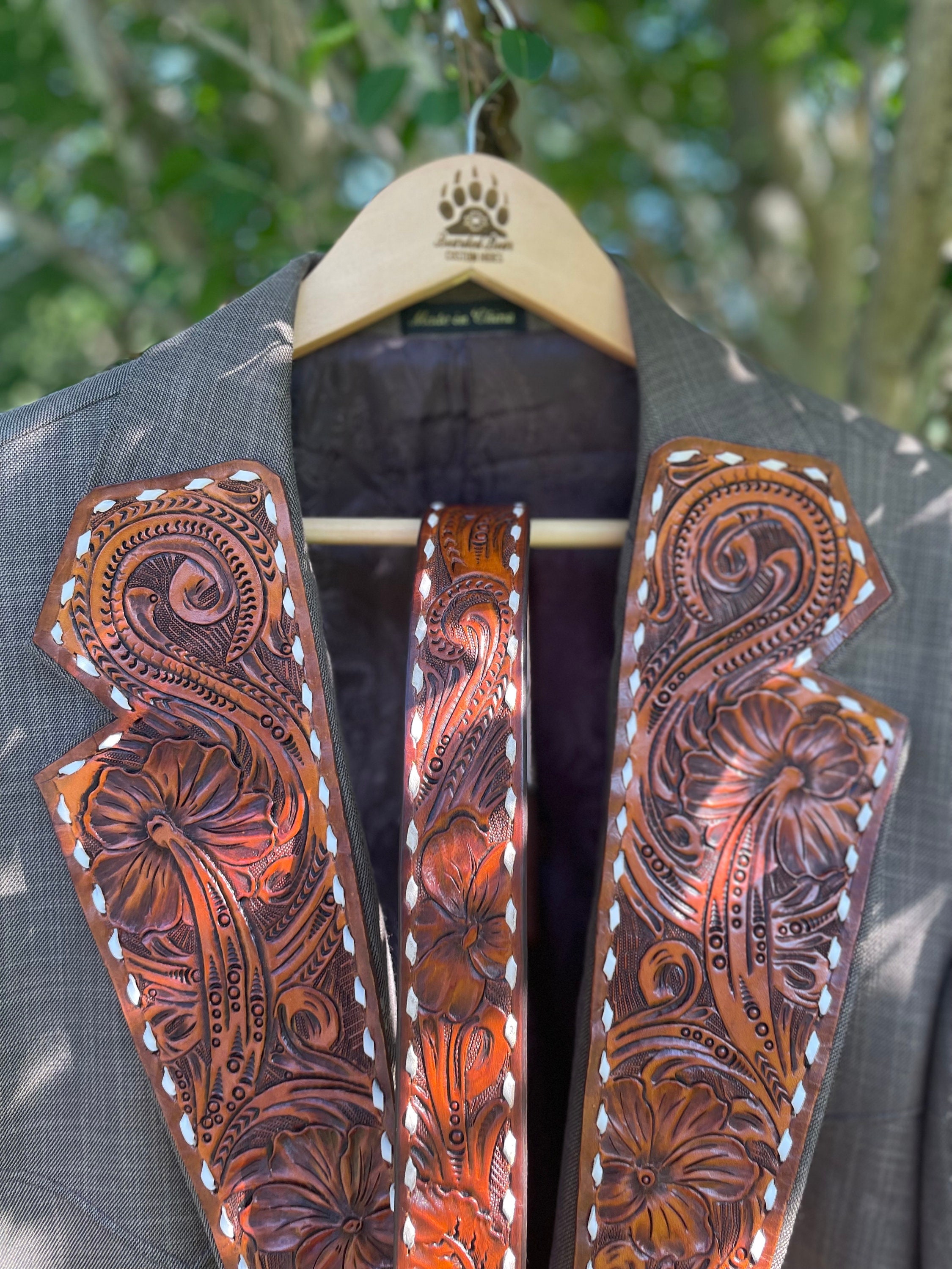 As seen in COWgirl Magazine Custom Hand Tooled Leather Lapels for Sportscoat Blazer