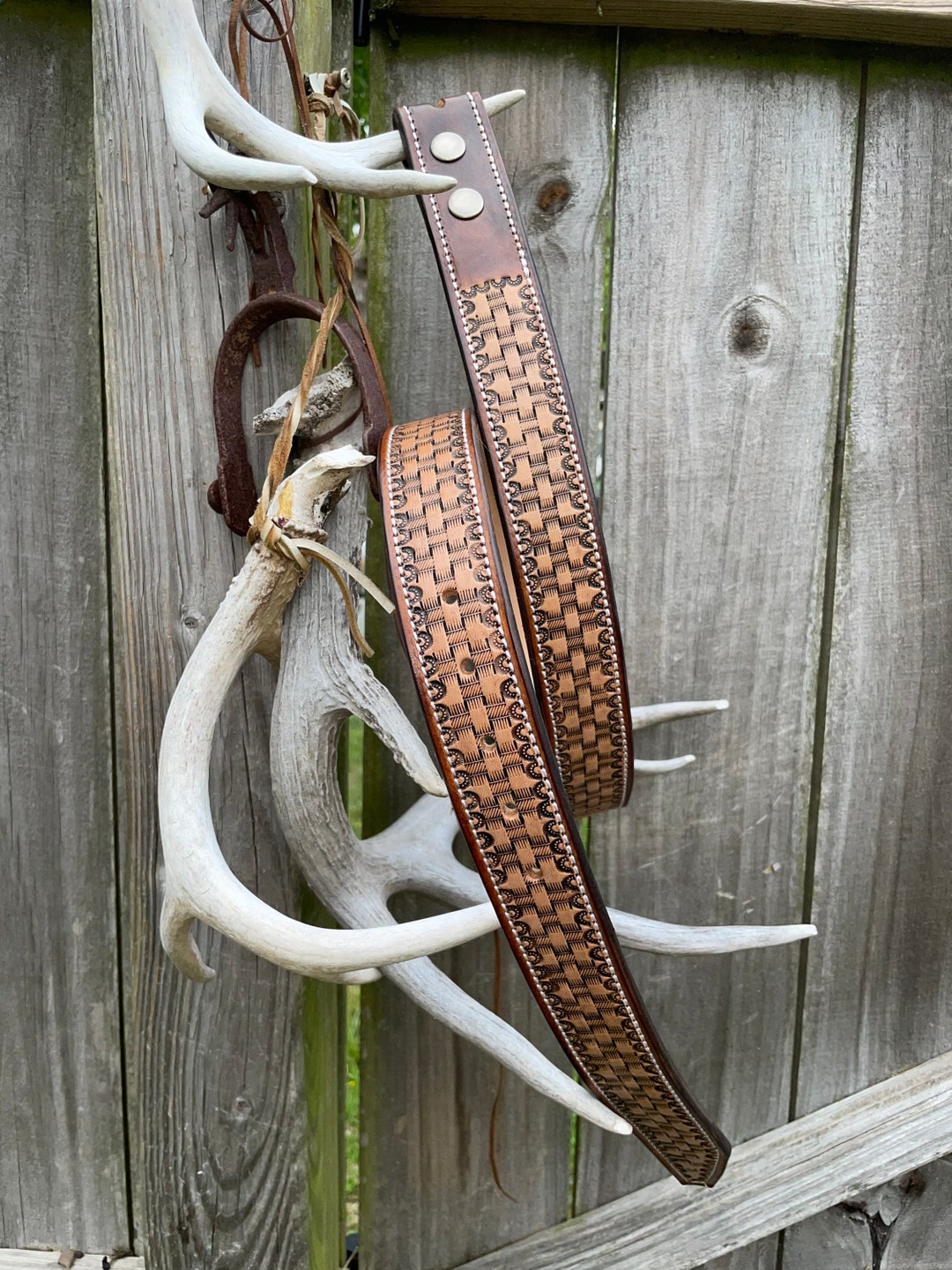 Hand Tooled Basketweave Belt With Traditional Stitch Etsy