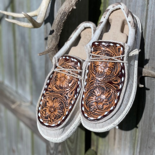 Western Sheridan Floral With Initials Custom Leather Hey Dude's