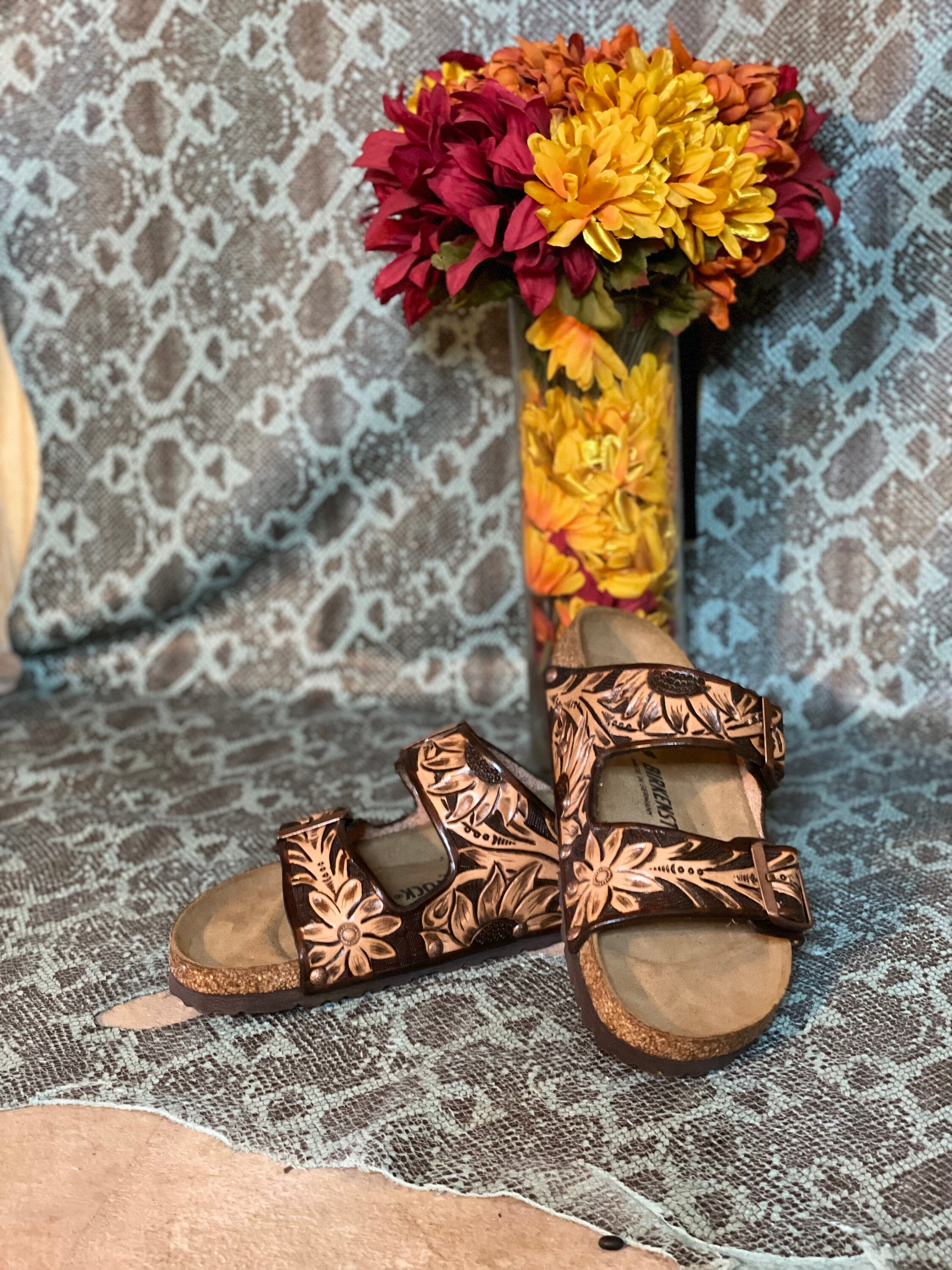 Custom Hand Painted Leather Birkenstock Sandals with Sunflowers