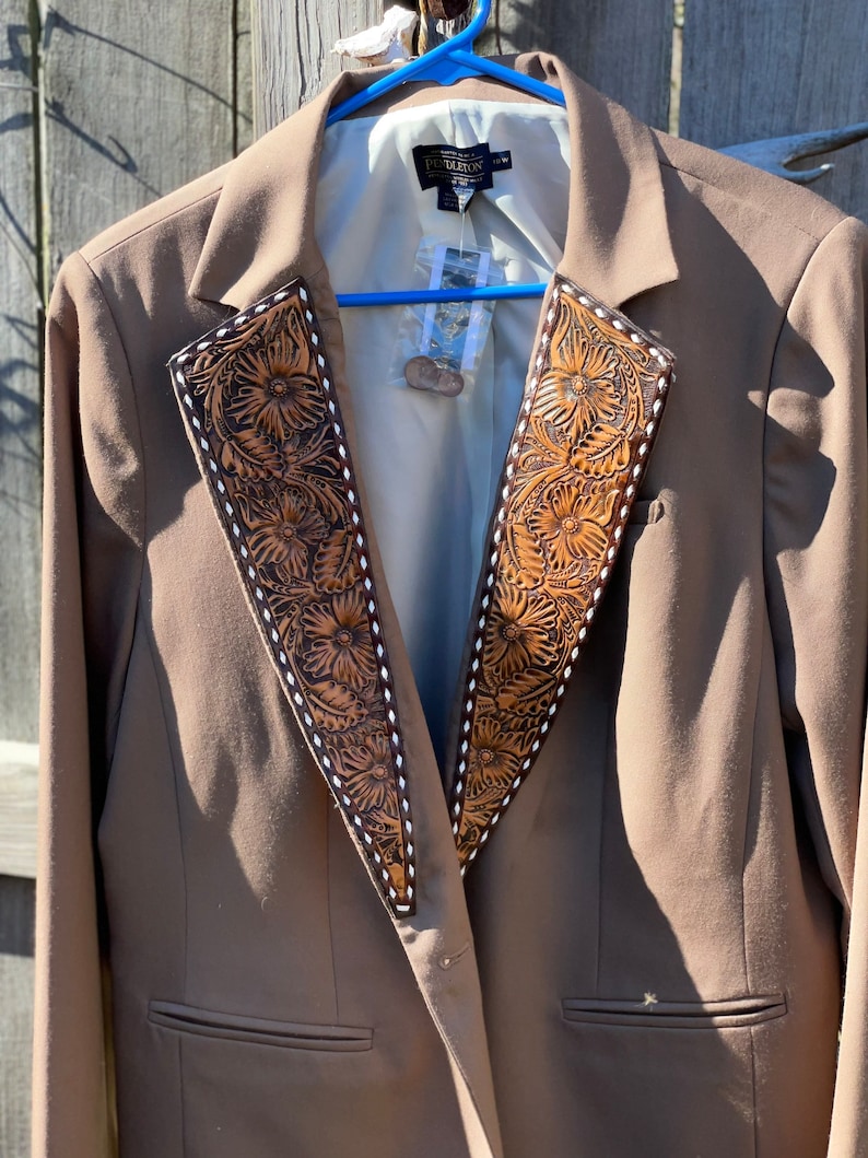 As seen in COWgirl Magazine Custom Hand Tooled Leather Lapels for Sportscoat Blazer image 5