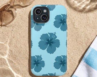 Teal Blue Hibiscus Floral Phone Case / Tropical Flower Phone Cover / Trendy Beach Summer Aesthetic MagSafe and Tough iPhone / Samsung Case