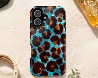Cheetah Print Phone /  Aqua Animal Print iPhone Case / Trendy Leopard Pattern MagSafe and Tough Phone Cover
