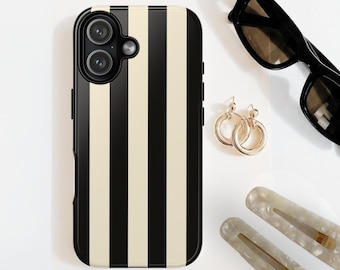 Black Cream Striped Phone Case / Minimalist Retro Inspired Tough Phone Cover