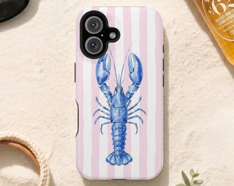 Blue Lobster Striped Impact Phone Case — Coastal Nautical Protective Cover