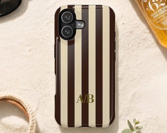 Personalized Striped Phone Case Custom Initials / Chocolate Brown and Cream Stripe Phone Cover /Monogram  MagSafe Samsung & iPhone Case