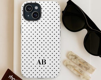 Personalized Black White Polka Dot Phone Case / Custom Retro Monogram Tough MagSafe Phone Cover