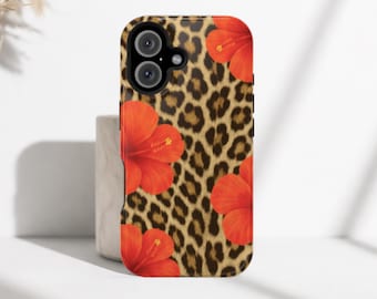 Leopard Floral Phone Case /  Tropical Hibiscus Animal Print MagSafe iPhone Case / Summer Beach Aesthetic