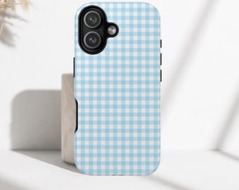Blue Gingham Phone Case, Vintage Check Tough Phone Case, iPhone 17 16 15 14 13 12 11, Samsung 25 24 23 22 21 20 Pro Plus Max