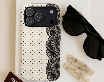 Black Floral Lace and Polka Dot Phone Case / Cute iPhone Case Trending / Minimalist Chic Phone Cover