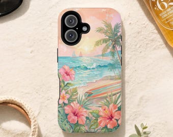 Tropical Sunset Beach Phone Case / Retro Ocean Phone Cover / MagSafe Tough iPhone and Samsung Galaxy