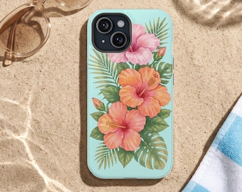 Pink Orange Hibiscus Phone Case / Tropical Flower Phone Cover  / Summer Turquoise MagSafe and Tough Case