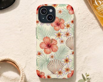 Tropical Hibiscus Phone Case / Vintage Floral Shell Phone Cover / Retro Beach MagSafe and Tough Case for iPhone and Samsung Galaxy