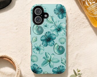 Teal Hibiscus Flower Seashell Collage Phone Case / Tropical Floral Summer Phone Cover / Ocean Beach Aesthetic
