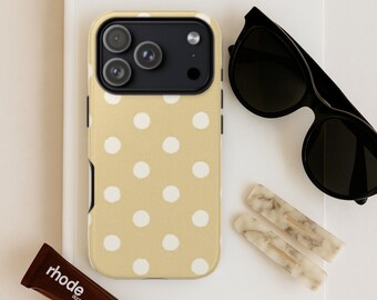 Butter Yellow Polka Dot Phone Case, Retro Dot Tough iPhone 17 16 15 14 13 12 11, Samsung Galaxy 25 24 23 22 21 20 Pro Plus Air Max Mini