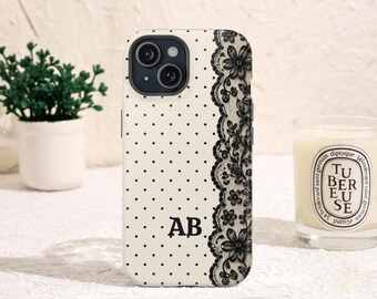 Personalzied Black Cream Lace Dot Phone Case / Vintage Inspired Polka Dot Monogram Phone Cover / Retro Initals Coquette Aesthetic