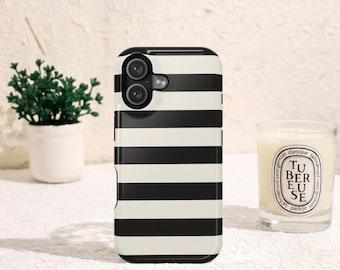 Black White Striped Phone Case / Retro Horizontal Lines MagSafe and Tough Case / Vintage Monochrome Stripe Phone Cover