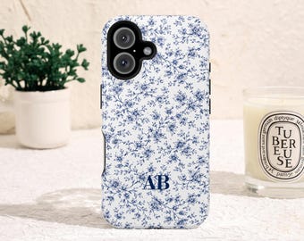Personalized Blue Ditsy Floral Phone Case / Custom Vintage Flower Monogram Phone Case / Retro Cottagecore Tough iPhone and Samsung Case