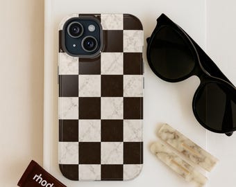 Chocolate Brown and  Marble Checkerboard Phone Case / Retro Checkered iPhone and Samsung Phone Cover