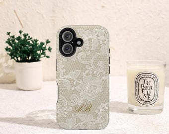 Personalized Ivory Lace  Phone Case / Custom Initials Monogram Tough Case / Vintage Lace Print iPhone Case / Wedding Gift / Bridesmaid Gift