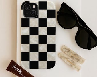 Black and Pearl Print Checkered Magnetic Embedded Impact-Resistant Phone Case / iPhone 17 16 15 14 13 Pro Plus Max