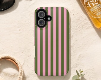 Pink & Olive Green Stripe Phone Case / Preppy Vertical Lines Phone Cover / Retro Striped Samsung and iPhone Cover