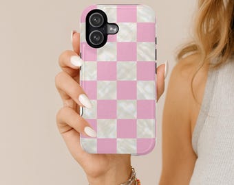 Pink & Pearl Print Check Phone Case, Checkered Tough MagSafe  Phone Cover, iPhone 17 16 15 14 13 Pro Plus Max