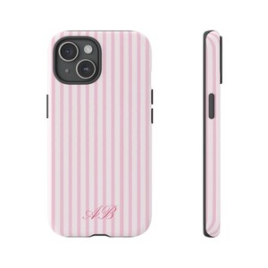 Roze wit gestreept telefoonhoesje / aangepaste initialen monogram stoer iPhone-hoesje / streep esthetische iPhone-hoesje / girly minimalistische chique hoes afbeelding 10