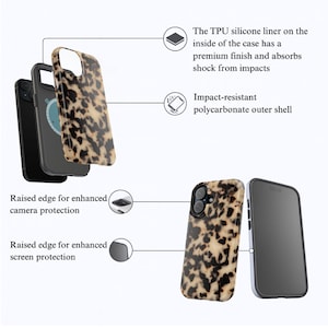 May include: A phone case with a tortoiseshell pattern in shades of brown and black. The image highlights the case's features, including a TPU silicone liner, impact-resistant polycarbonate outer shell, and raised edges for camera and screen protection.