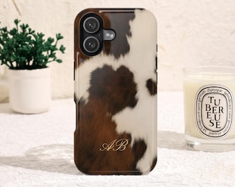 Personalized Cowhide Phone Case / Custom Monogram Animal Print Phone Cover / Western Cowboy Aesthetic Tough iPhone and Samsung Galaxy Case