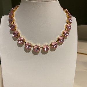 Light rose pink Anna Wintour style 12mm cushion cut crystal statement bridal necklace in gold plated setting.