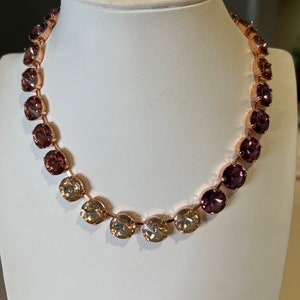Pink and purple ombré Anna Wintour style statement tennis necklace 12mm round Swarovski crystals in rose gold setting.