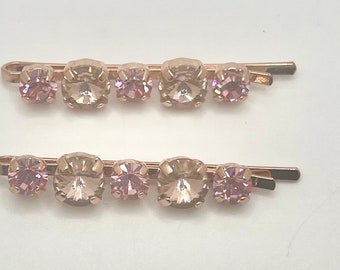 Swarovski crystal hair bling bobby pin clips rose gold plated hair jewelry vintage rose pink.