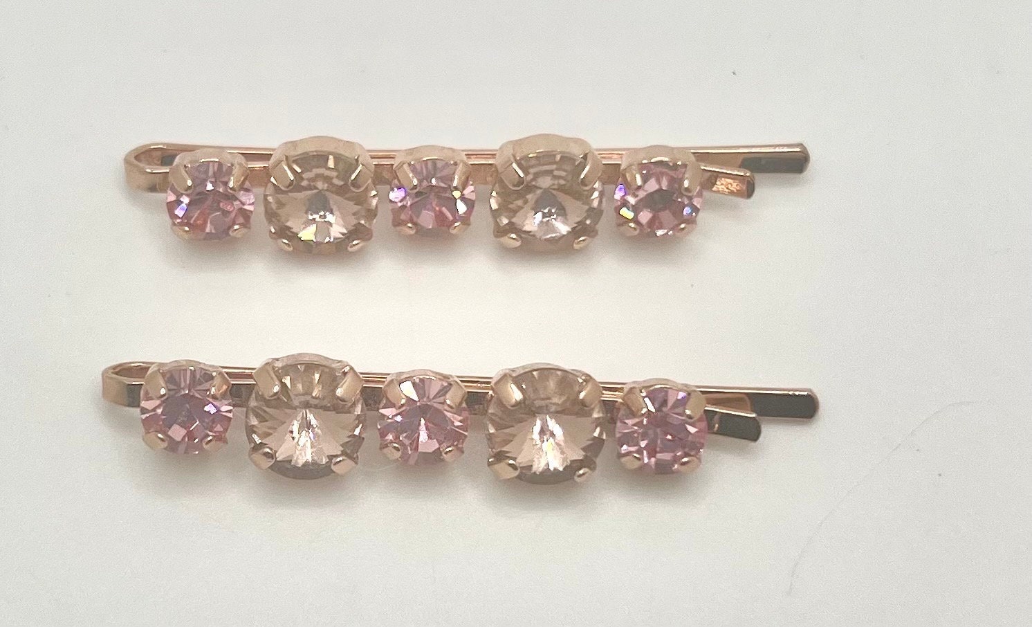 Swarovski crystal hair bling bobby pin clips rose gold plated hair jewelry vintage rose pink.