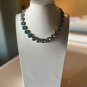Aquamarine blue topaz light blue Anna Wintour style statement tennis necklace 12mm round Swarovski crystals in gold setting.