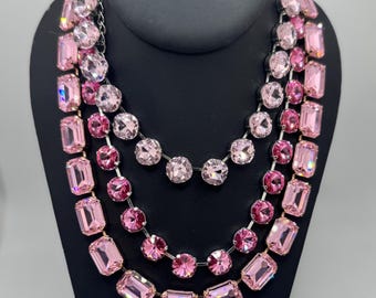 Pink Swarovski Crystal tennis necklace in the Anna Wintour style in shade “rose” 12mm rivoli with silver settings.