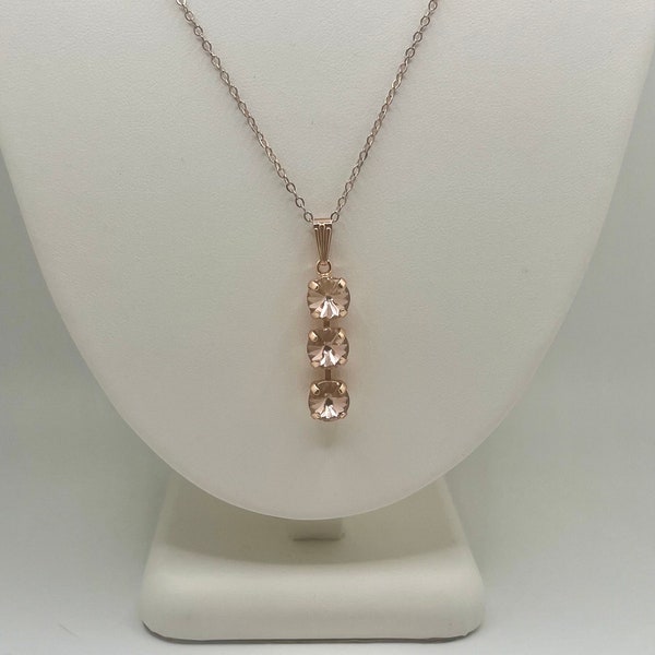 Pink Swarovski crystal 3 stone pendant necklace rose gold filled chain wedding bridal prom bridesmaid.