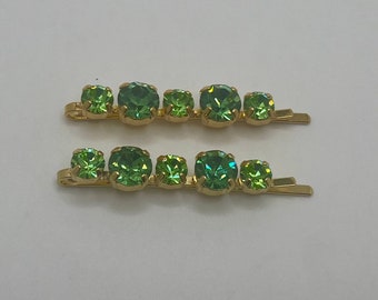 Swarovski crystal hair bling bobby pin clips gold plated hair jewelry peridot green.