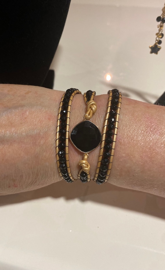 Black and Gold Triple Leather Wrap Bracelet With Onyx and  display picture 3