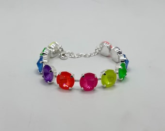 Swarovski Anna Wintour style tennis statement  bracelet in rainbow ombré neon colors silver plated setting.