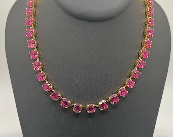 Fuchsia hot Pink 8mm Swarovski crystal Anna Wintour tennis style statement necklace/ choker in gold plated setting.